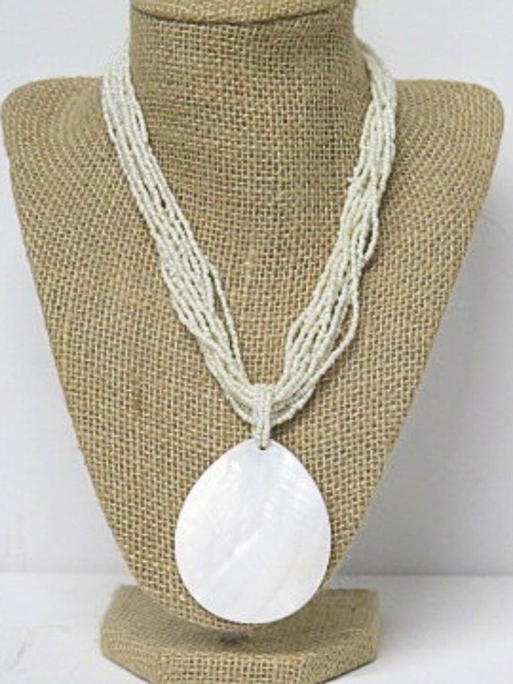 White Multi Strand Beaded Necklace Large Pearlescent Teardrop Pendant Statement